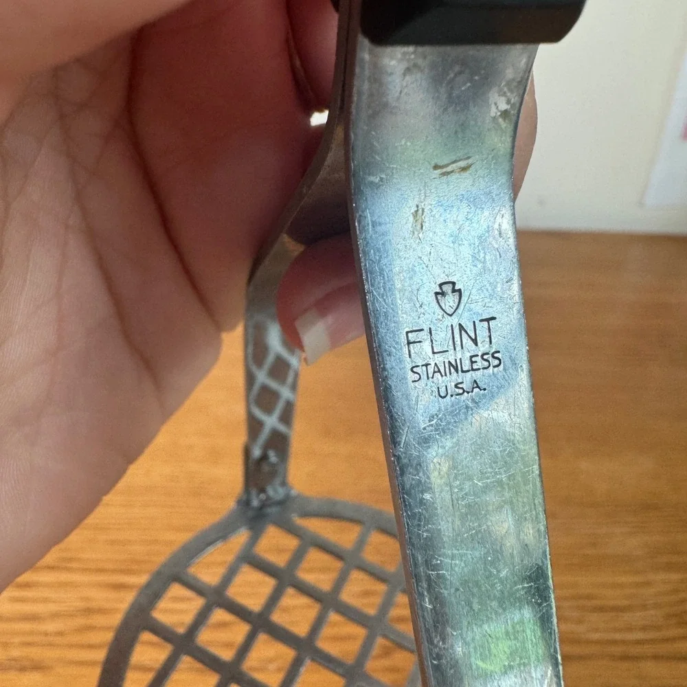 Vintage Flint Stainless‎ Steel Potato Masher Black Handle Made in USA